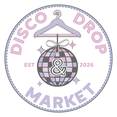 Disco Drop Market logo featuring a pastel disco ball hanging from a clothes hanger with retro typography.