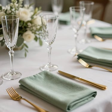 A macro photograph of an elegant luxury reception table, featuring crystal champagne glasses, gold cutlery, and soft sage green linen napkins in natural daylight.