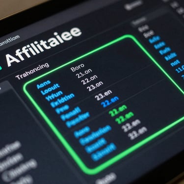 Macro crop of a modern affiliate tracking dashboard, high-contrast dark UI with bright electric-emerald lines and glowing neon-blue metrics, clean technical typography, sharp focus