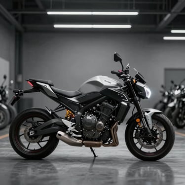 A sleek motorcycle profile in a modern garage, illuminated to highlight the ignition area, using #3F4A5E tones.