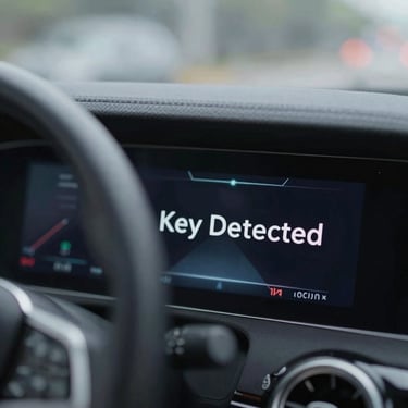 A close-up of a modern vehicle's dashboard illuminating a 'Key Detected' signal in a sophisticated environment.