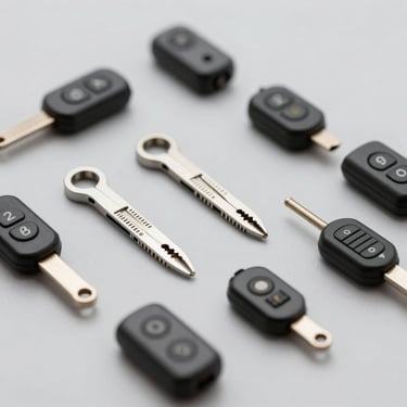 An array of professional locksmith tools and transponder chips neatly arranged on a clean gray surface (#F5F7FA).