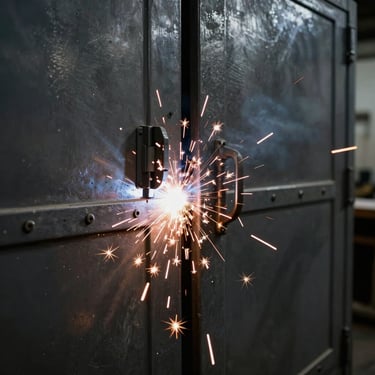 Close-up of sparks flying from electric welding on metal doors in a dark workshop, gritty industrial photography