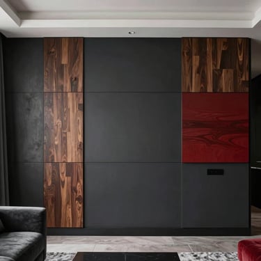 Bespoke modern living room featuring a custom dark charcoal accent wall with geometric wood panels and a flawless matte paint finish