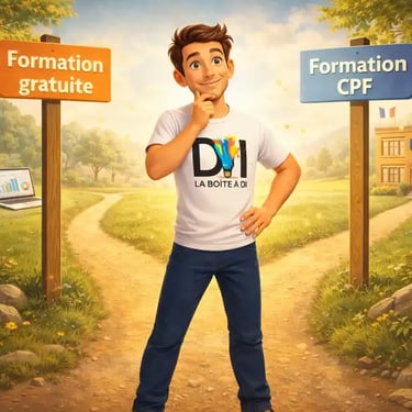 Illustration 3D de Dam face à deux chemins pour se former au SEO, entre formation gratuite et formation CPF