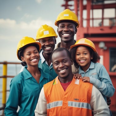 Smiling man in helmet standing by oil extraction equipment.