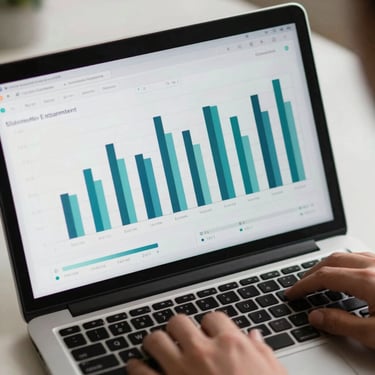 Overhead close-up of a laptop screen showing a multi-channel attribution dashboard with teal and navy bar charts, a hand resting near the trackpad, clean studio lighting from above, no faces