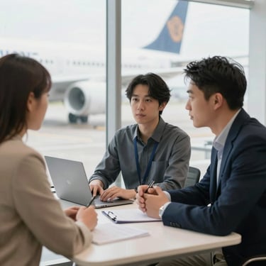 A pilot wearing headphones in a flight simulator cockpit with glowing blue and white dashboard lights.