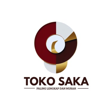 Toko Saka logo featuring a circular abstract emblem in red, white, and gold above the business name and tagline.