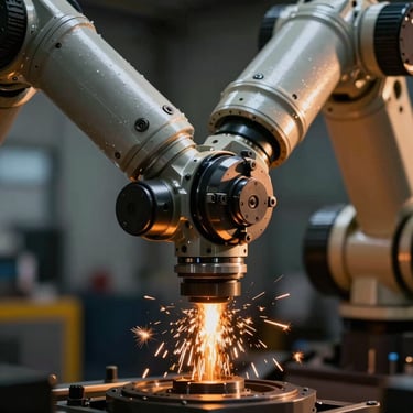 Macro close-up of an industrial robotic joint, high-contrast dramatic side-lighting, orange sparks from heavy manufacturing in the background, sharp mechanical details