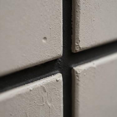 Close-up macro detail of raw decaying plaster meeting a sharp, solid black painted line, flat desaturated lighting.
