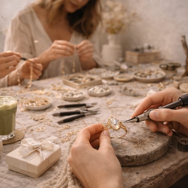 Grupo de mujeres en taller artesanal de joyeria moderna, creando sus propias joyas con charms, piedras, perlas y diamantes