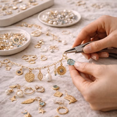 creacion de joyeria con charms con significado en el taller de una tienda de joyeria