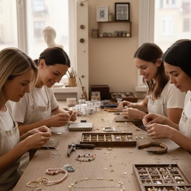 mujeres en un taller de una tienda de joyeria creando joyeria moderna y clasica