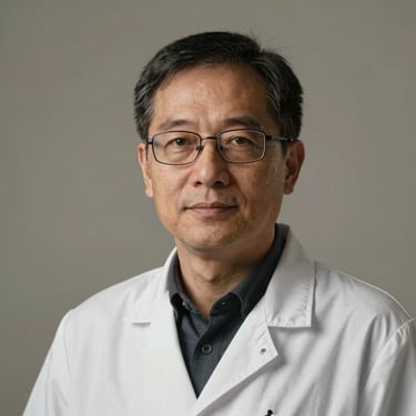 Professional studio portrait of a mid-40s male researcher with glasses, neutral background, soft warm lighting, looking slightly off-camera, high credibility.