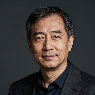 Professional studio portrait of a 50-year-old male academic, soft lighting, dark background, warm and intellectual expression.