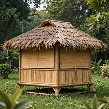 A beautiful standalone bamboo hut structure in a lush, manicured garden lawn in Gomti Nagar, featuring a traditional thatched roof and roll-up blinds