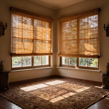 A refined Lucknow drawing room with large windows dressed in warm ochre bamboo blinds, filtering sunlight into dapples on a plush rug