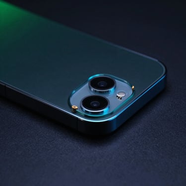 Macro detail of a smartphone camera module resting on a dark desk, subtle electric blue edge lighting.