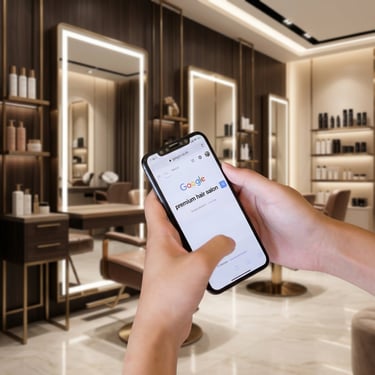 person looking for a premium hair salon on phone