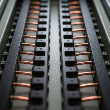 Symmetrical straight-on macro shot of a meticulously dressed electrical panel, perfectly parallel copper wires routed along matte black channels, clean industrial organization, dramatic side lighting highlighting metallic textures.