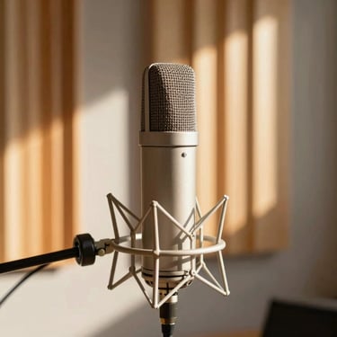 Close-up of a high-end condenser microphone in a sunlit tracking room, warm wood acoustic panels in the background, soft golden hour light.