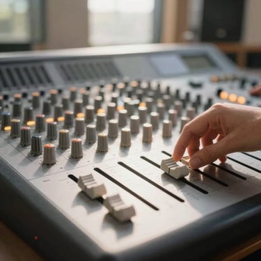 Hands adjusting a fader on a clean, modern mixing console with warm amber indicator lights, bright natural daylight, minimalist studio aesthetic.