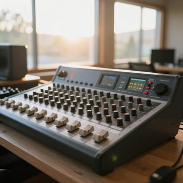 A sleek, clean live sound mixing board set up at a bright outdoor venue in Boise, soft sun flare, professional audio gear.