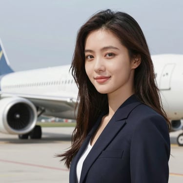 Photo of a confident woman standing in front of aircraft parts shelves.