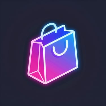 Isometric vector icon of a glowing digital shopping bag, neon pink and blue accents, dark slate background