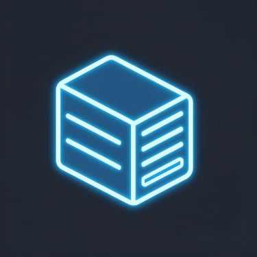 Isometric vector icon of a server node, glowing electric blue, dark slate background