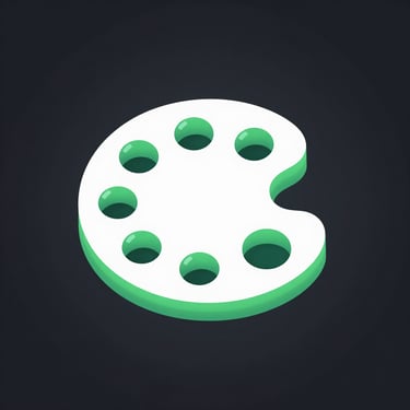 Isometric vector icon of a glowing paint palette, cyber green accents, dark slate background