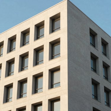 Modern architectural detail of a clean geometric building facade in Atlanta, bright daylight with warm golden-hour highlights, sharp focus, 35mm lens.