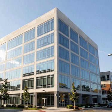Bright, modern corporate office park exterior in Windsor, Connecticut, clean glass lines, natural daylight, cool blue tones, sharp focus, 35mm lens.
