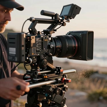 Intimate close-up of a filmmaker's hands adjusting a heavy camera rig, natural coastal golden hour light catching dust in the air, raw behind-the-scenes texture.
