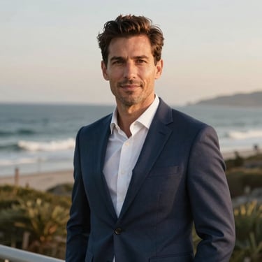 Professional portrait of a male real estate principal in a navy blazer, looking confident, warm coastal background, soft natural lighting