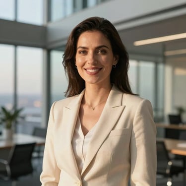 Professional portrait of a female development advisor in a cream blazer, smiling, modern architectural office background, soft sunset light