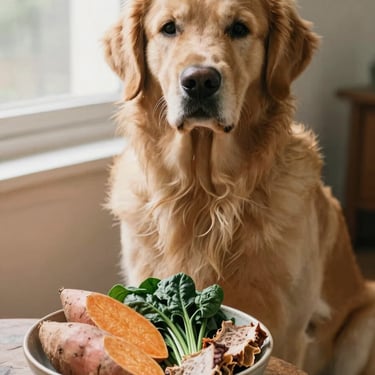 Perro golden retriever con alimentos sanos