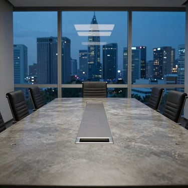 Stark corporate boardroom with an empty polished concrete table, architectural glass window showing Jakarta skyline at dusk, sharp deep blue tones.
