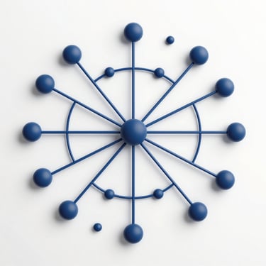 Abstract vector network schematic showing structured nodes and clean data flows, high contrast, dark blue ink on white background, clinical precision.