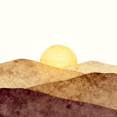 Soft watercolor-style illustration of a sun rising over stylized hills, warm muted gold tones, isolated on a clean light background.