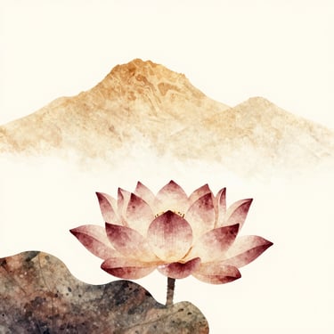 Soft watercolor-style illustration of a serene lotus and mountain silhouette, muted earth tones, isolated on a clean light background.