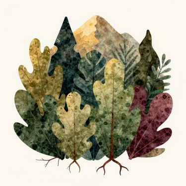 Soft watercolor-style illustration of botanical leaves and roots, deep forest green and gold tones, isolated on a clean light background.