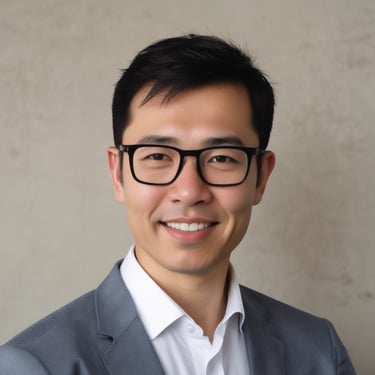 Professional businessman smiling confidently in a modern office setting.