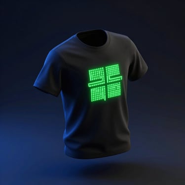 An isometric 3D render of a premium black t-shirt with a glowing neon green graphic design, floating on a dark background with blue shadows