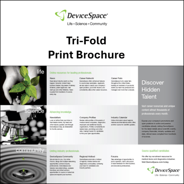 Trifold marketing brochure designed for DeviceSpace career network.