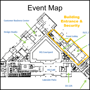 Event wayfinding map designed for attendee navigation the PepsiCo campus event in Plano Texas.