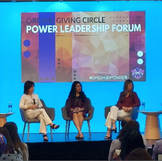Panelists on stage at the Orchid Giving Circle Power Leadership Forum at Frito-Lay headquarters in Plano Texas.