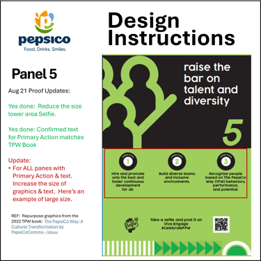 Design instruction panel showing layout specifications for The PepsiCo Way wall installation.