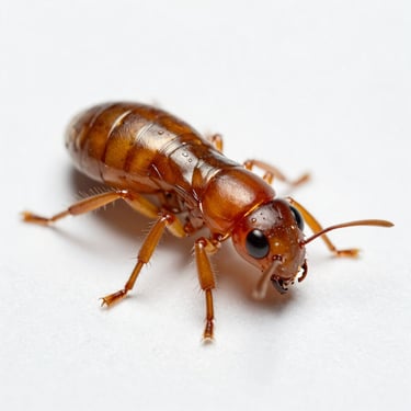 Extreme macro-photography of a termite on a clean white surface, scientific lighting, focus on anatomical details.